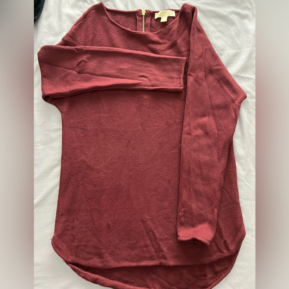 Burgundy bateau neck sweater with exposed zipper back
